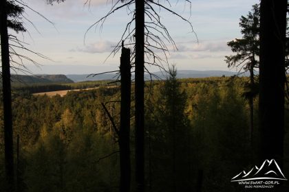 Z lewej Broumovskie Ściany, z prawej Góry Sowie.